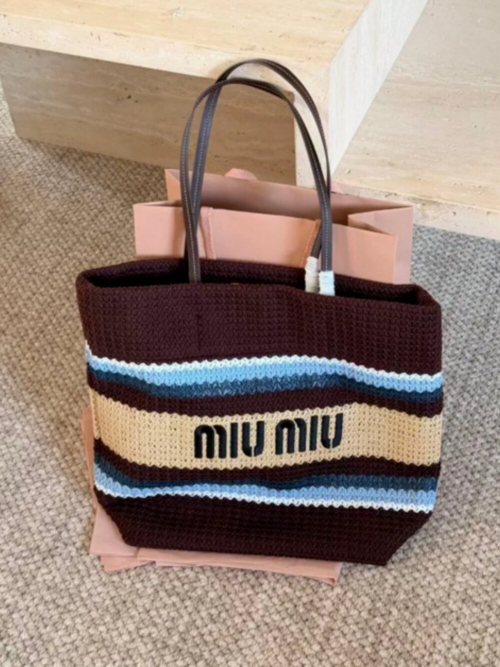 💎 Miu Miu Brown Striped Crochet Tote Bag